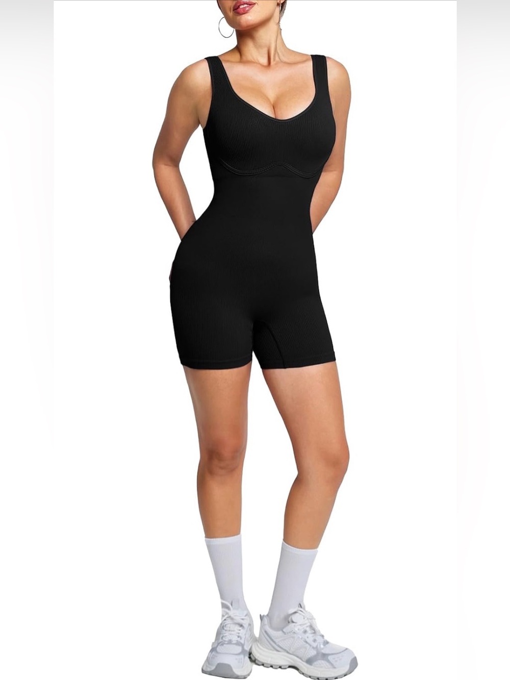 Seamless Black Ribbed Sculpting Jumpsuit Romper